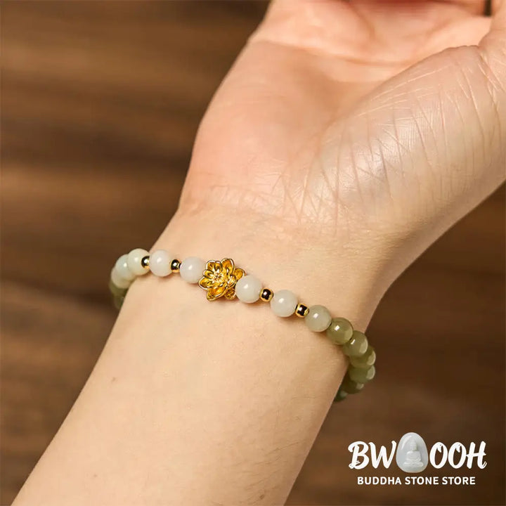 Buddha Stones Natural Hetian Jade Gradient Lotus Abundance Bracelet - BWOOOH - Jade(Wrist Circumference15-16cm)
