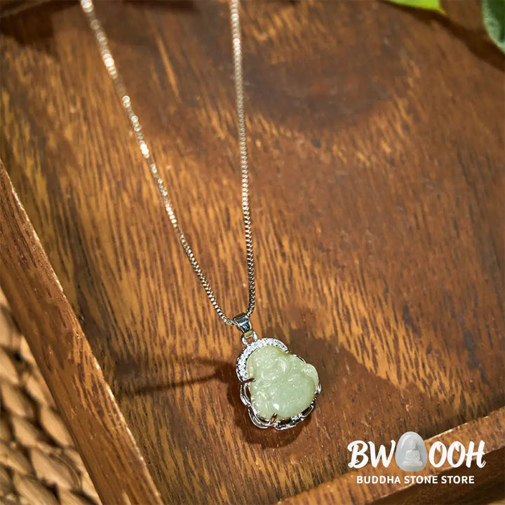 Buddha Stones Natural Hetian Jade Laughing Buddha Abundance Necklace Pendant - BWOOOH - Hetian