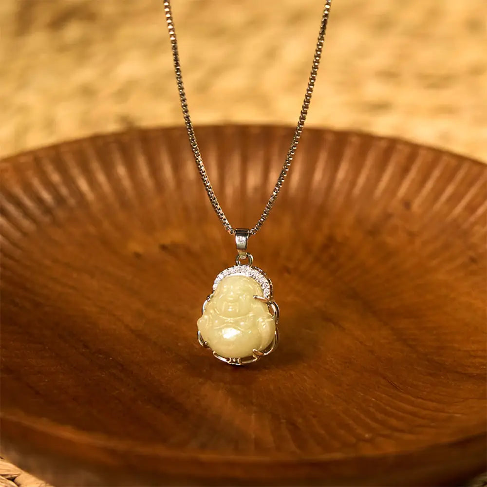 Buddha Stones Natural Hetian Jade Laughing Buddha Abundance Necklace Pendant - BWOOOH - Hetian