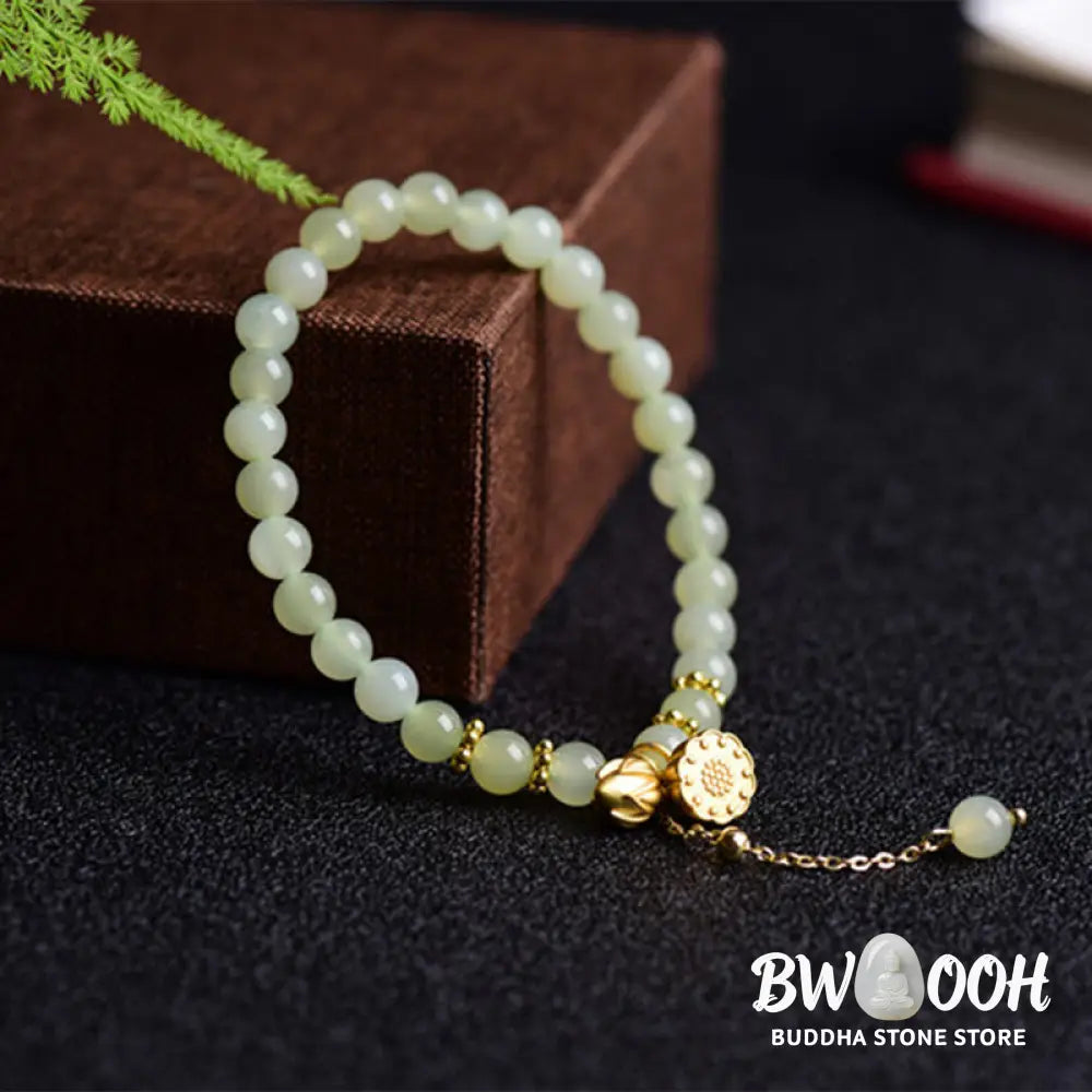 Buddha Stones Natural Hetian Jade Lotus Luck Bracelet - BWOOOH - Hetian Jade(Wrist Circumference:16-17cm) - Bracelet
