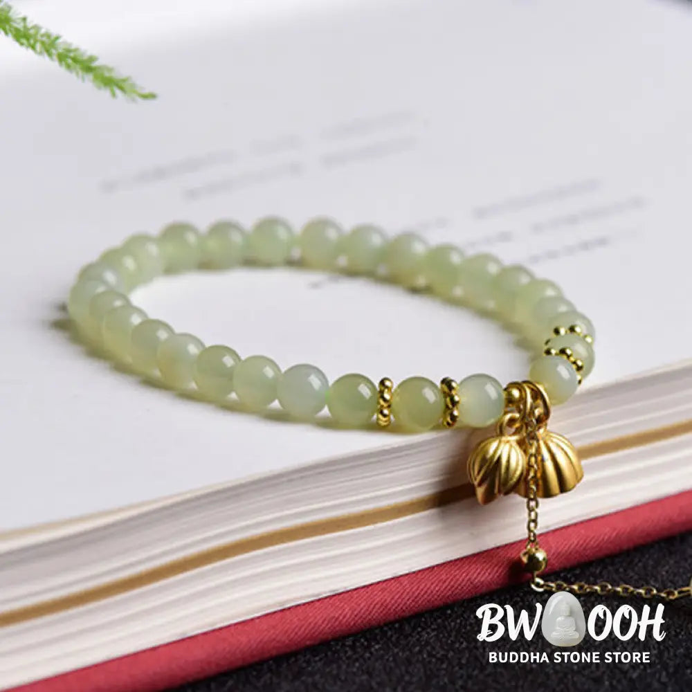 Buddha Stones Natural Hetian Jade Lotus Luck Bracelet - BWOOOH - Hetian Jade(Wrist Circumference:16-17cm) - Bracelet