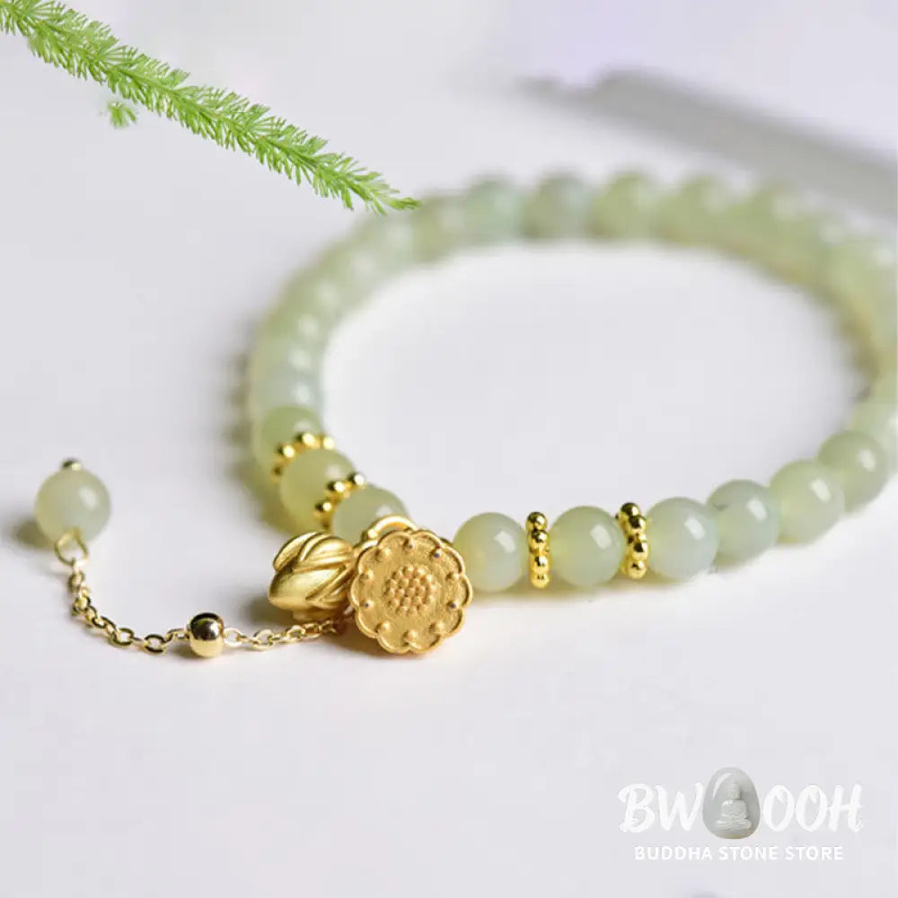 Buddha Stones Natural Hetian Jade Lotus Luck Bracelet - BWOOOH - Hetian Jade(Wrist Circumference:16-17cm) - Bracelet