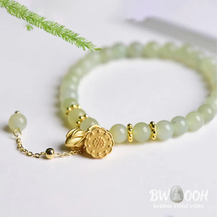 Buddha Stones Natural Hetian Jade Lotus Luck Bracelet - BWOOOH - Hetian Jade(Wrist Circumference:16-17cm) - Bracelet