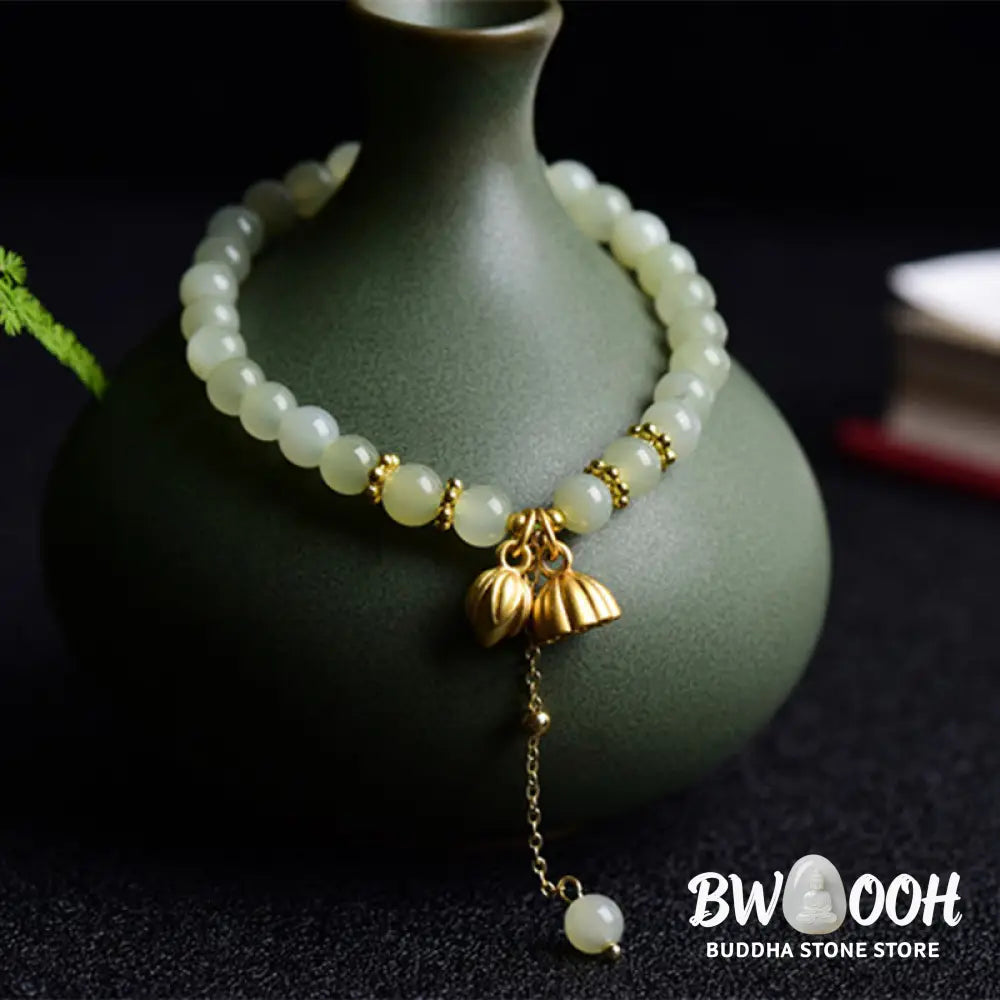 Buddha Stones Natural Hetian Jade Lotus Luck Bracelet - BWOOOH - Hetian Jade(Wrist Circumference:16-17cm) - Bracelet