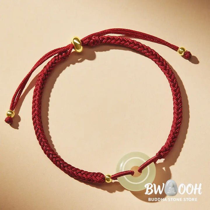 Buddha Stones Natural Hetian Jade Peace Buckle Fu Character Protection Luck Braided Bracelet - BWOOOH - Bracelet