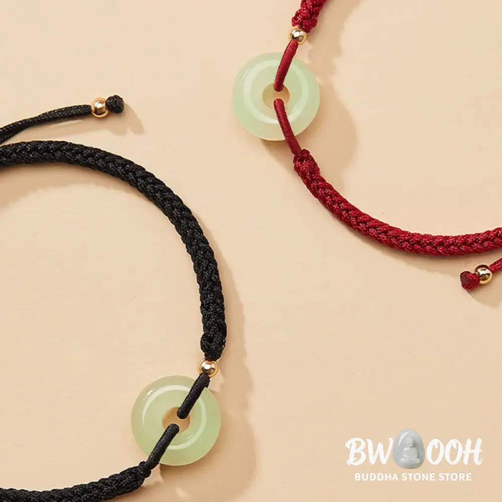 Buddha Stones Natural Hetian Jade Peace Buckle Fu Character Protection Luck Braided Bracelet - BWOOOH - Bracelet