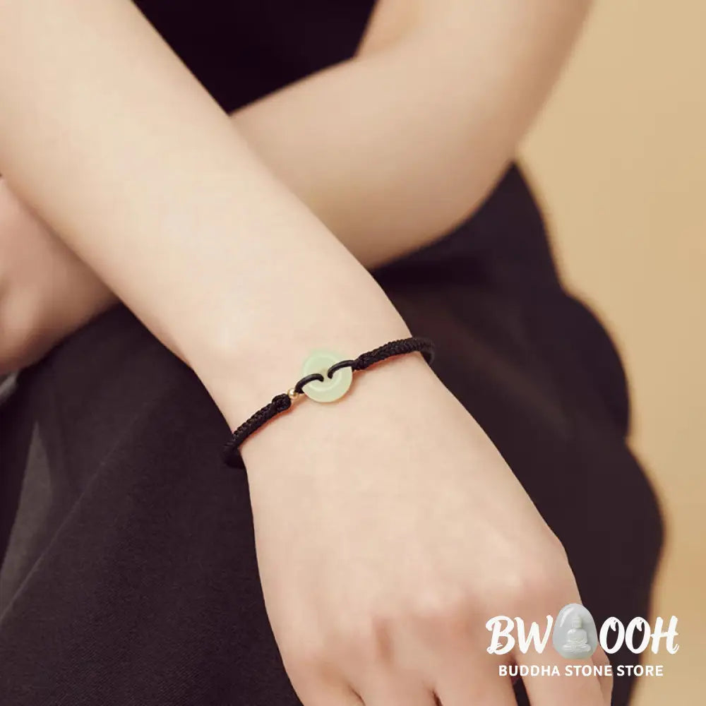Buddha Stones Natural Hetian Jade Peace Buckle Fu Character Protection Luck Braided Bracelet - BWOOOH - Bracelet