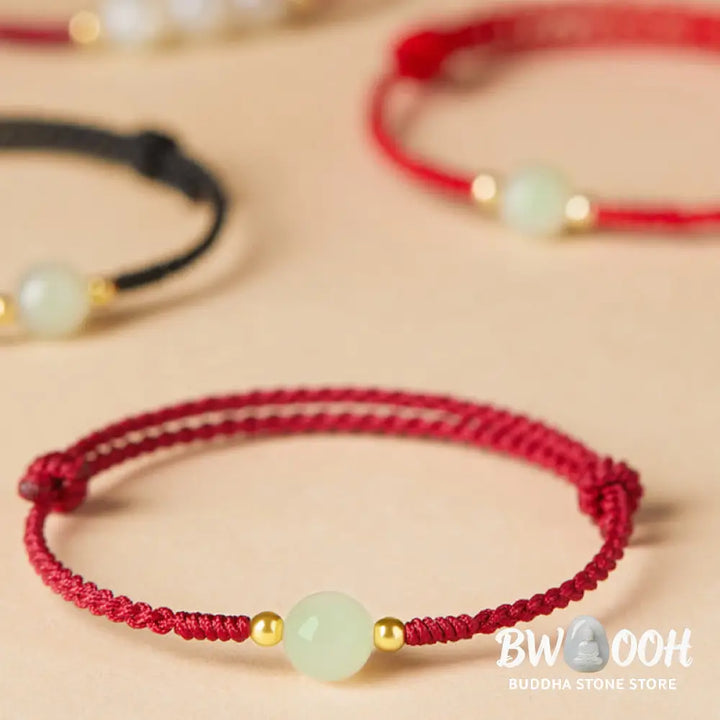 Buddha Stones Natural Hetian Jade Peace Buckle Fu Character Protection Luck Braided Bracelet - BWOOOH - Bracelet