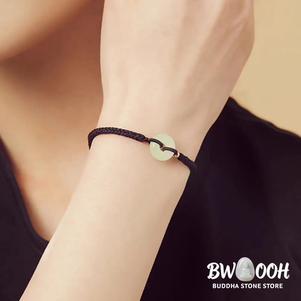 Buddha Stones Natural Hetian Jade Peace Buckle Fu Character Protection Luck Braided Bracelet - BWOOOH - Bracelet