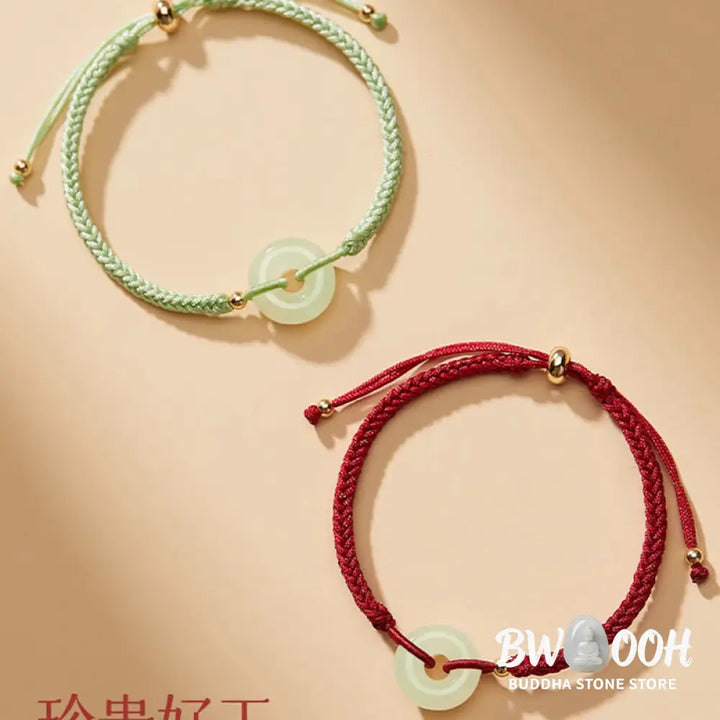 Buddha Stones Natural Hetian Jade Peace Buckle Fu Character Protection Luck Braided Bracelet - BWOOOH - Bracelet