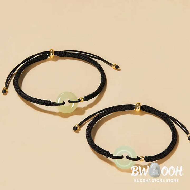 Buddha Stones Natural Hetian Jade Peace Buckle Fu Character Protection Luck Braided Bracelet - BWOOOH - Bracelet