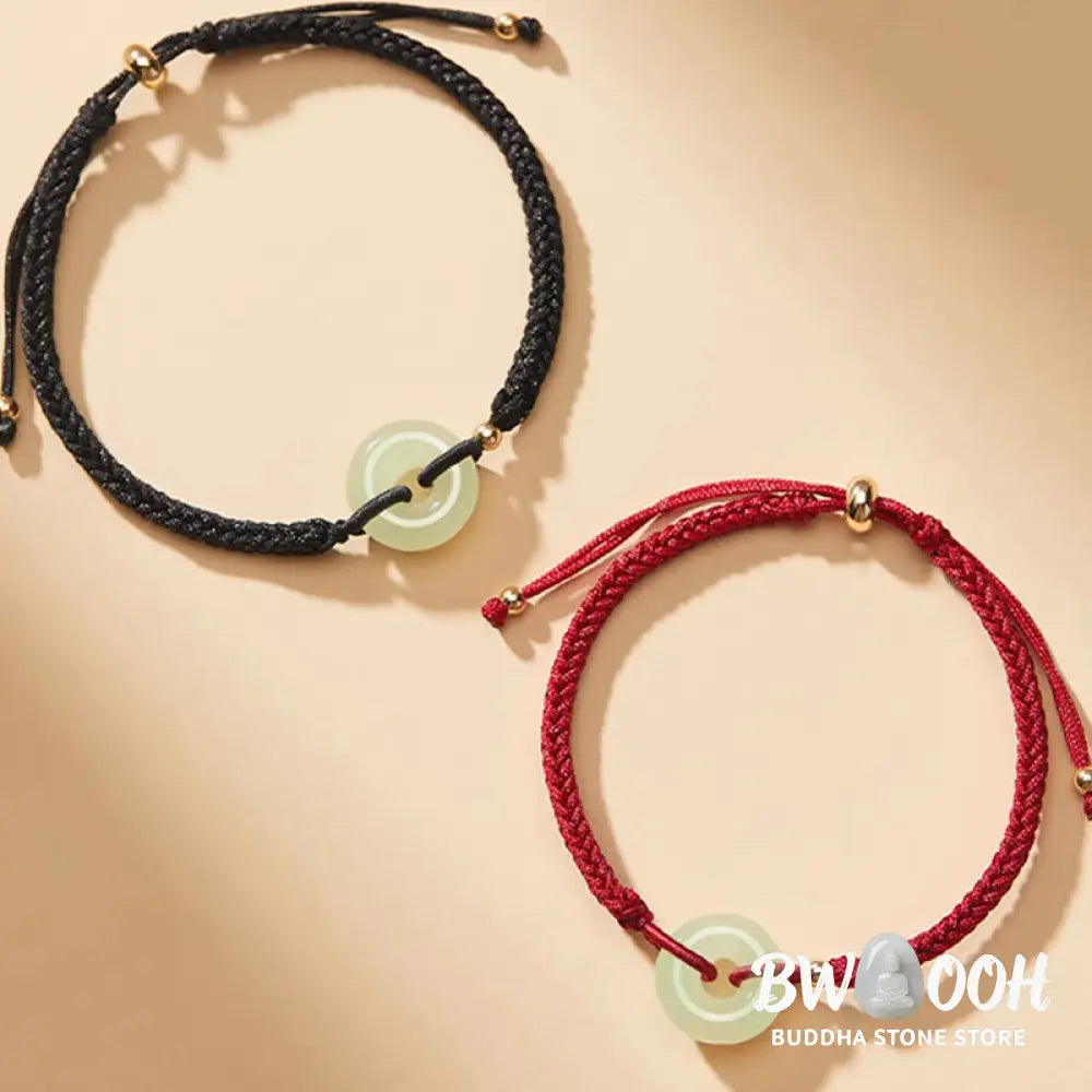 Buddha Stones Natural Hetian Jade Peace Buckle Fu Character Protection Luck Braided Bracelet - BWOOOH - Bracelet