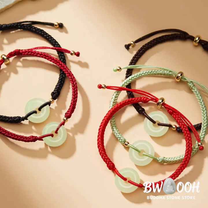Buddha Stones Natural Hetian Jade Peace Buckle Fu Character Protection Luck Braided Bracelet - BWOOOH - Bracelet