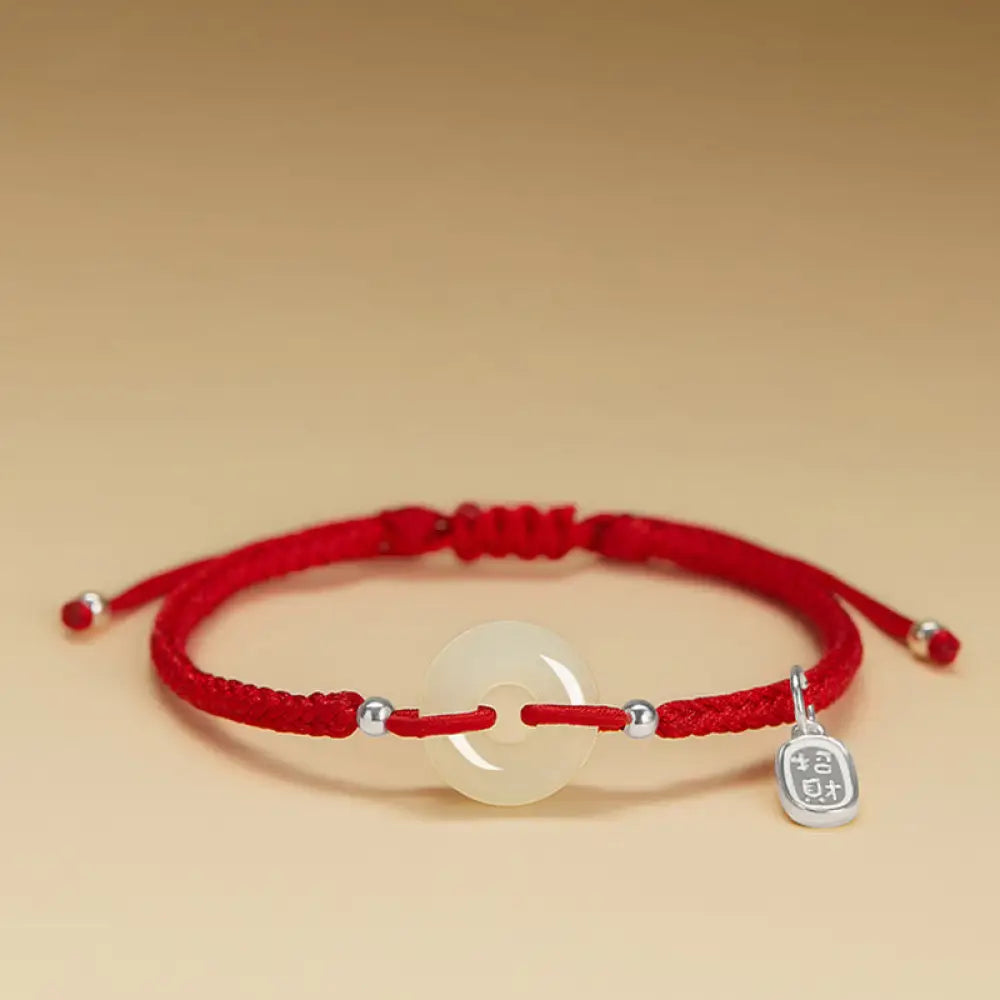 Buddha Stones Natural Hetian Jade Peace Buckle Fu Character Protection Luck Braided Bracelet - BWOOOH - Hetian Jade Red