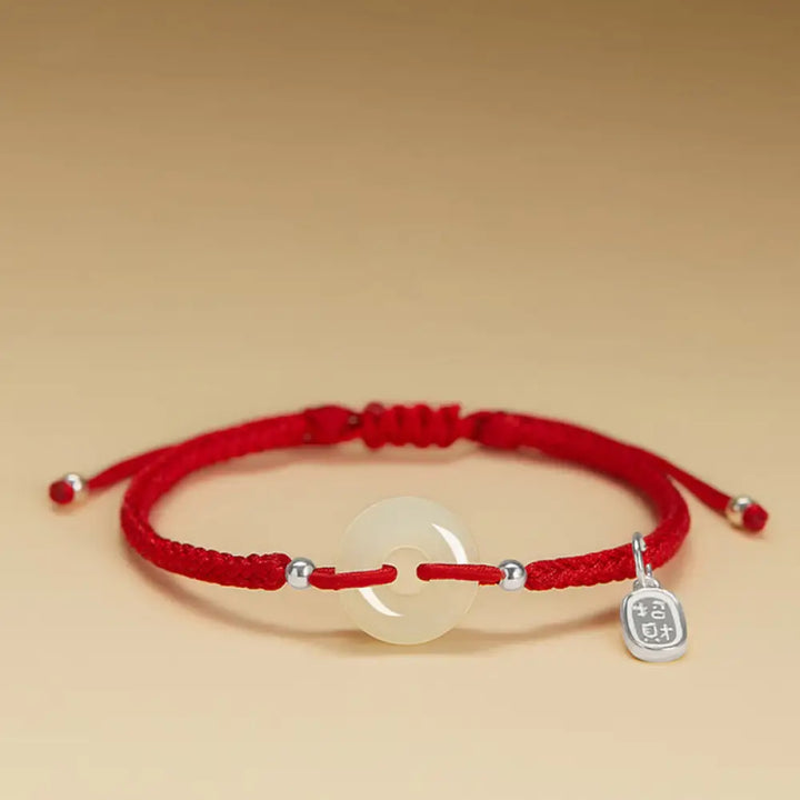 Buddha Stones Natural Hetian Jade Peace Buckle Fu Character Protection Luck Braided Bracelet - BWOOOH - Hetian Jade Red