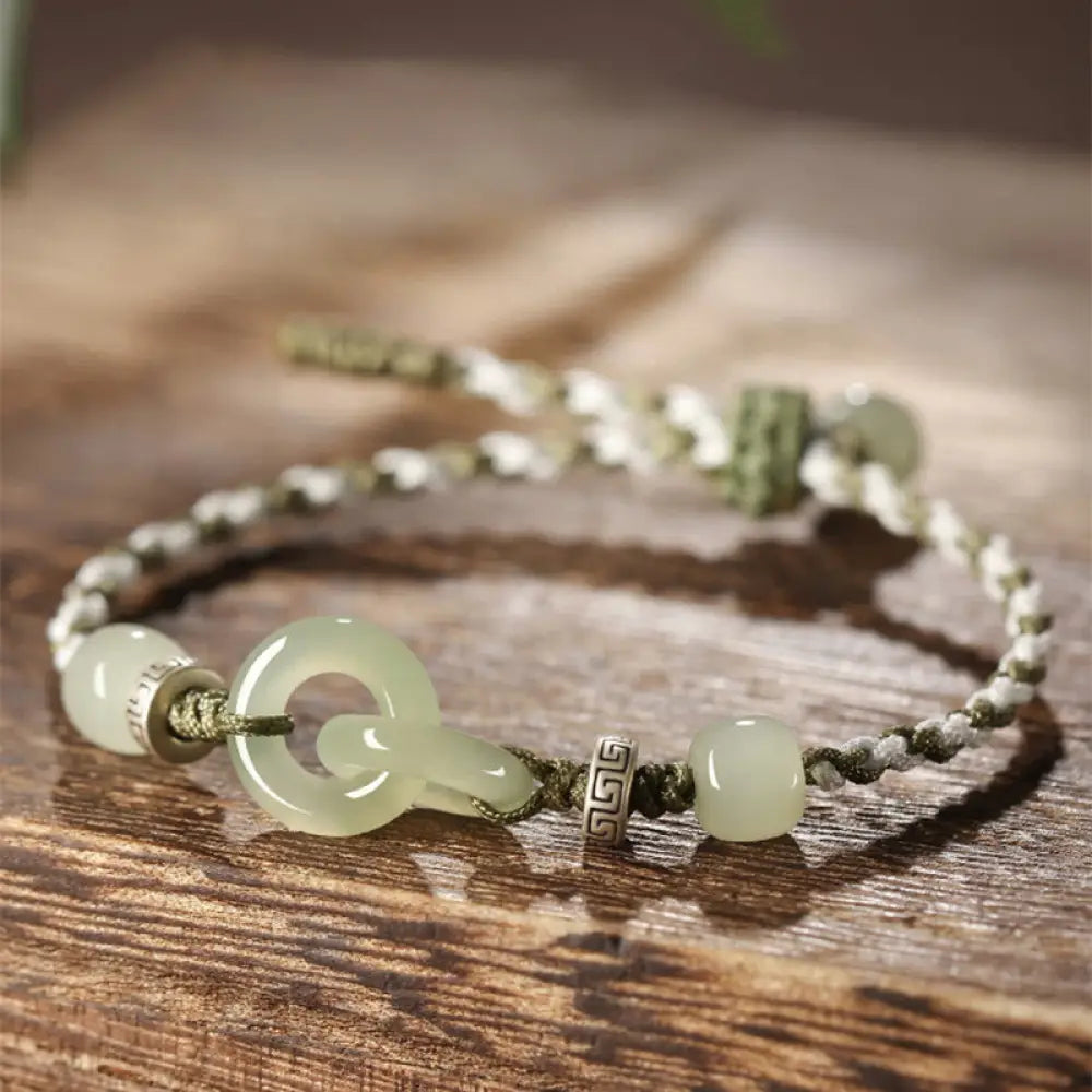 BWOOOH Natural Hetian Jade Peace Buckle Luck Braided Bracelet - BWOOOH - 14cm - Bracelet