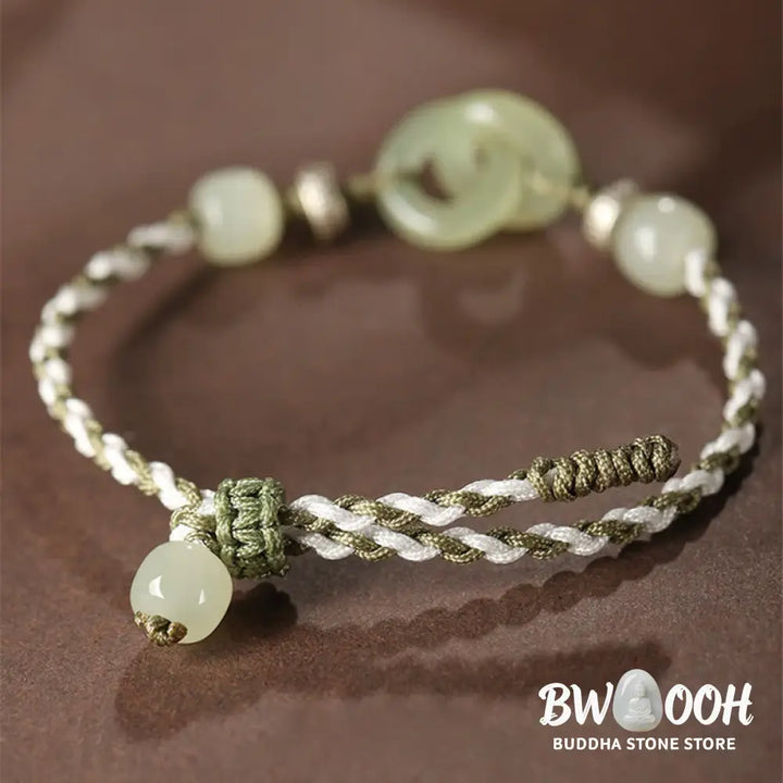 Buddha Stones Natural Hetian Jade Peace Buckle Luck Braided Bracelet - BWOOOH - Bracelet