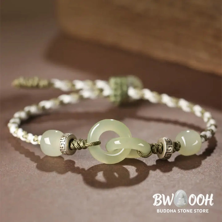 Buddha Stones Natural Hetian Jade Peace Buckle Luck Braided Bracelet - BWOOOH - Bracelet