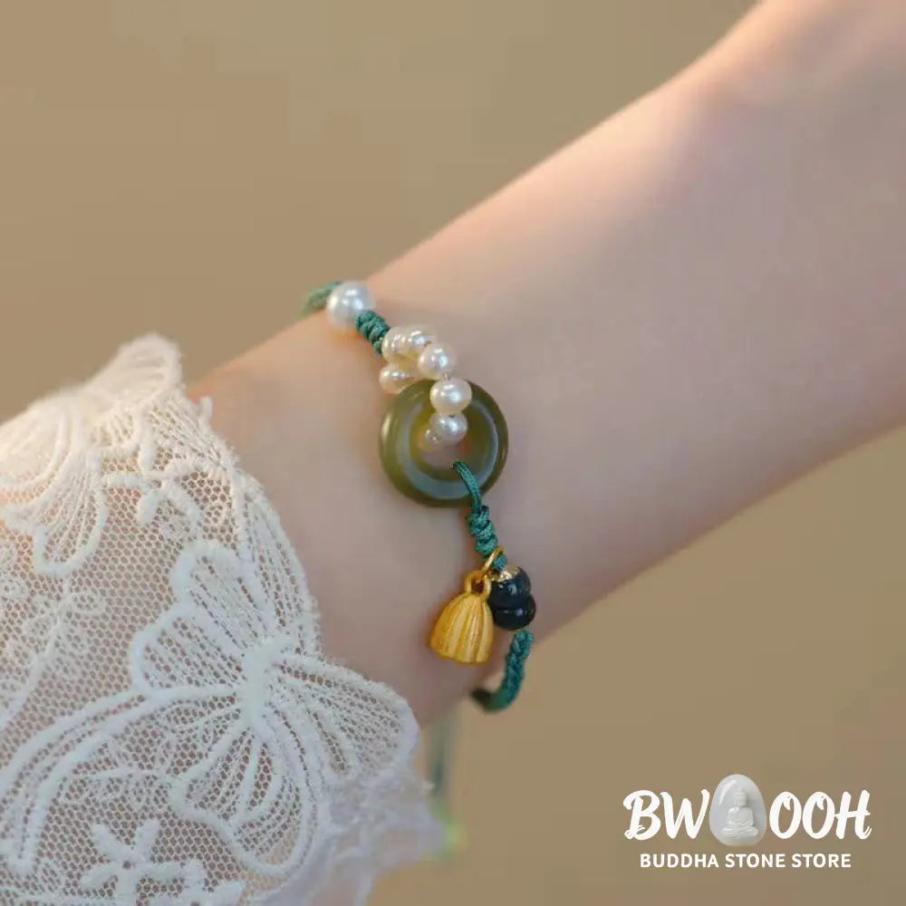 Buddha Stones Natural Hetian Jade Peace Buckle Pearl Luck Handcrafted Braided Bracelet - BWOOOH - Bracelet