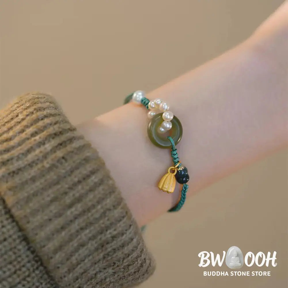 Buddha Stones Natural Hetian Jade Peace Buckle Pearl Luck Handcrafted Braided Bracelet - BWOOOH - Bracelet