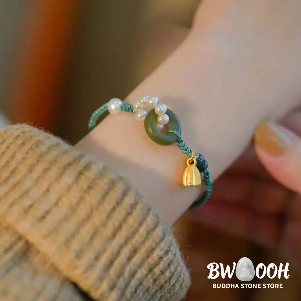 Buddha Stones Natural Hetian Jade Peace Buckle Pearl Luck Handcrafted Braided Bracelet - BWOOOH - Bracelet