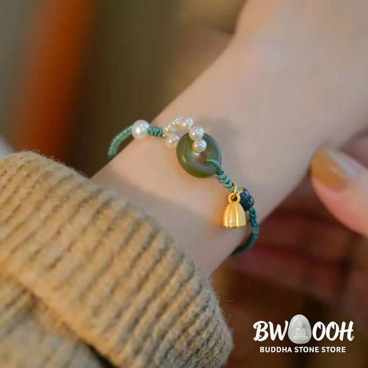 Buddha Stones Natural Hetian Jade Peace Buckle Pearl Luck Handcrafted Braided Bracelet - BWOOOH - Bracelet