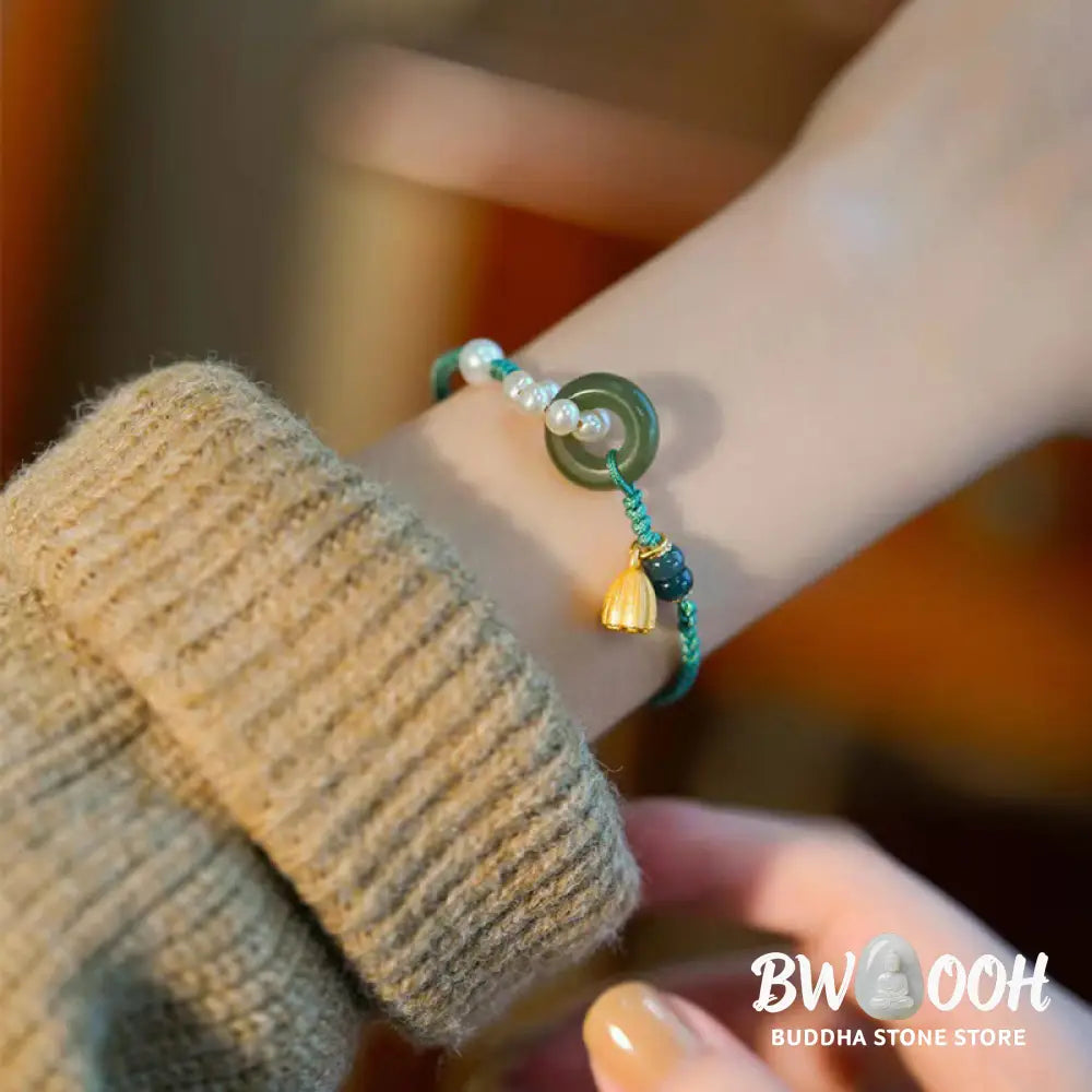 Buddha Stones Natural Hetian Jade Peace Buckle Pearl Luck Handcrafted Braided Bracelet - BWOOOH - Bracelet