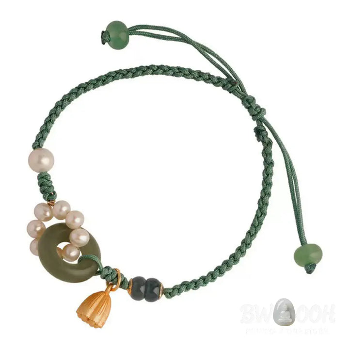 Buddha Stones Natural Hetian Jade Peace Buckle Pearl Luck Handcrafted Braided Bracelet - BWOOOH - Bracelet