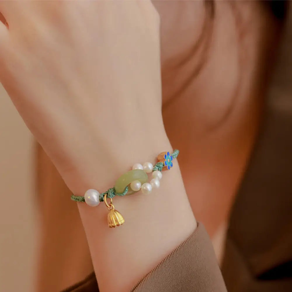 Buddha Stones Natural Hetian Jade Peace Buckle Pearl Luck Handcrafted Braided Bracelet - BWOOOH - Peace Buckle