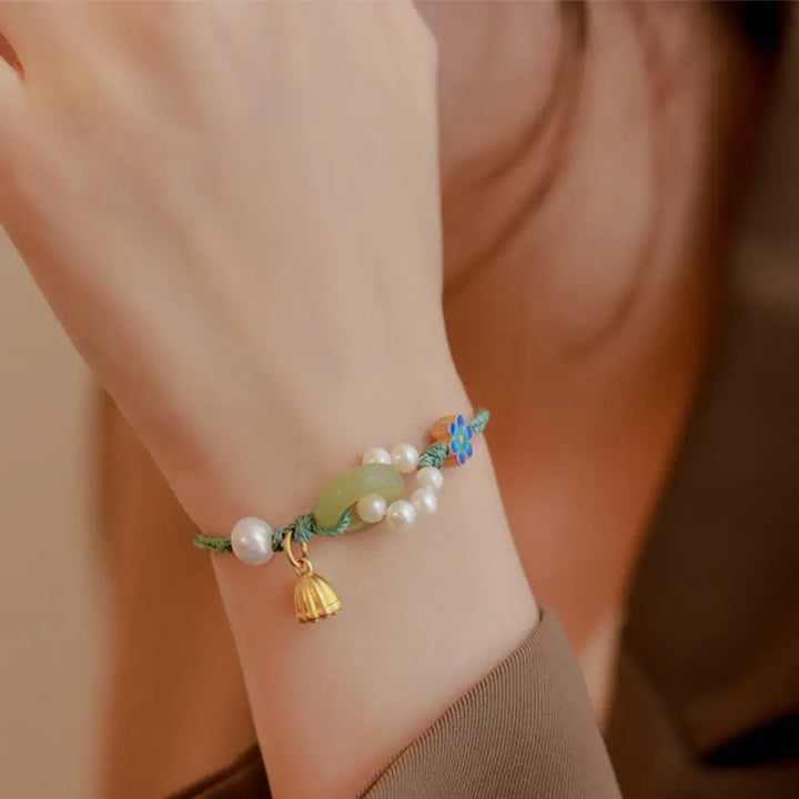 Buddha Stones Natural Hetian Jade Peace Buckle Pearl Luck Handcrafted Braided Bracelet - BWOOOH - Peace Buckle