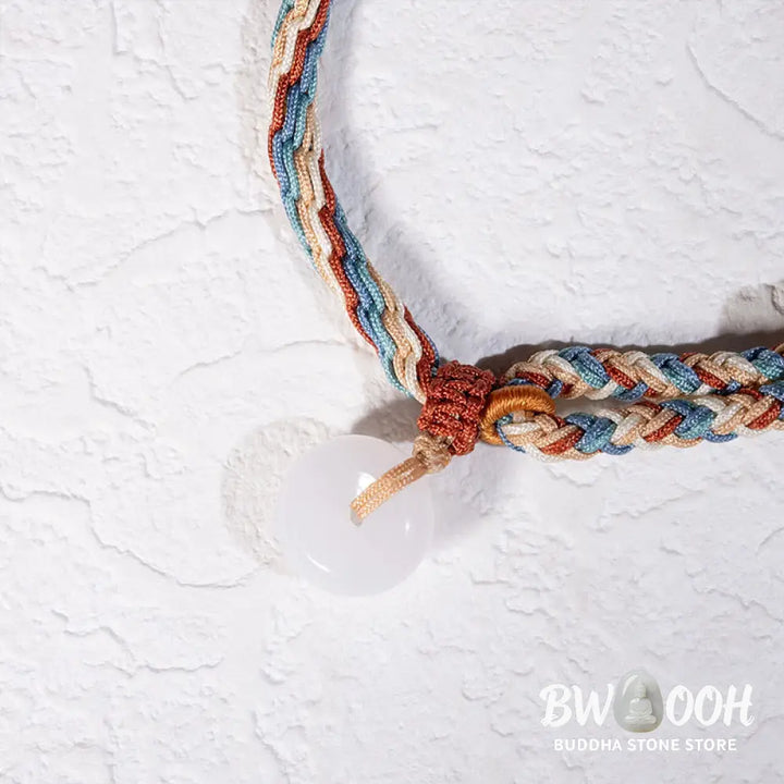 Buddha Stones Natural Hetian Jade Peace Buckle Protection Colored Rope Braided Bracelet - Hetian Jade Peace Buckle