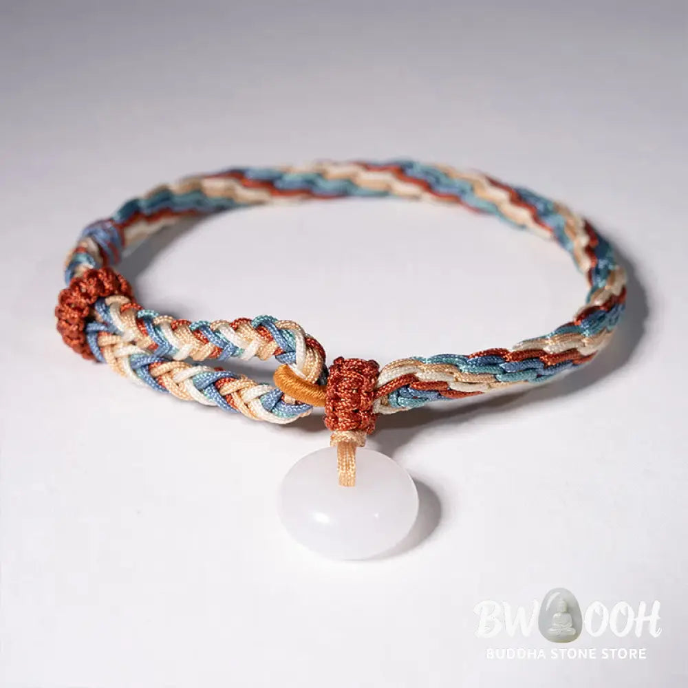 Buddha Stones Natural Hetian Jade Peace Buckle Protection Colored Rope Braided Bracelet - Hetian Jade Peace Buckle