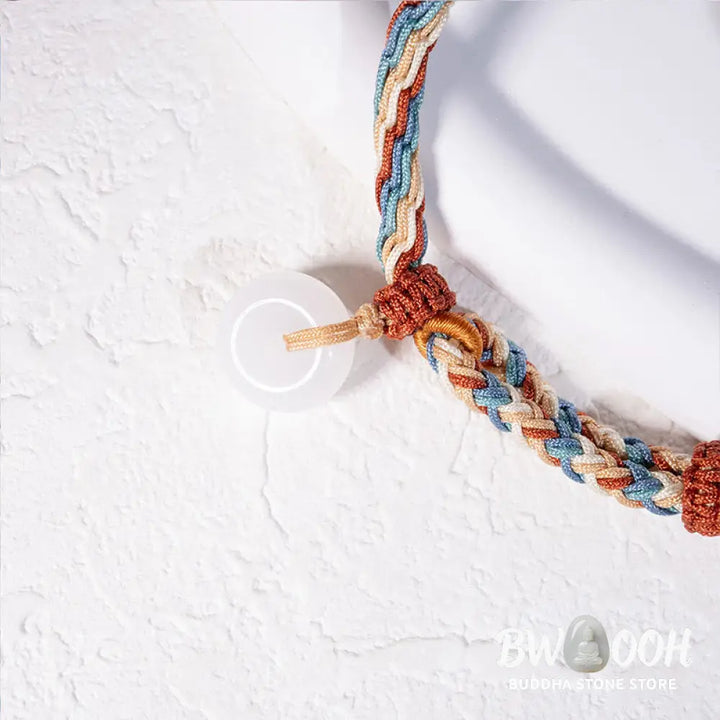 Buddha Stones Natural Hetian Jade Peace Buckle Protection Colored Rope Braided Bracelet - Hetian Jade Peace Buckle
