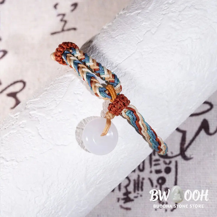 Buddha Stones Natural Hetian Jade Peace Buckle Protection Colored Rope Braided Bracelet - Hetian Jade Peace Buckle