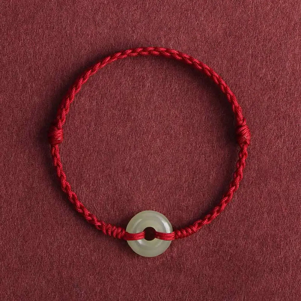 BWOOOH Natural Hetian Jade Peace Buckle Protection Luck Braided Bracelet Anklet - BWOOOH - Dark Red Rope