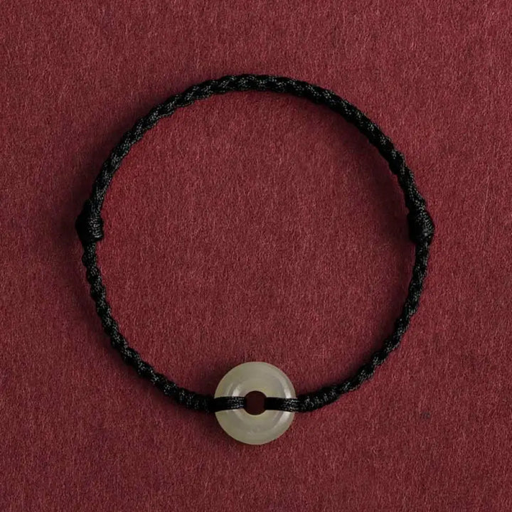 Buddha Stones Natural Hetian Jade Peace Buckle Protection Luck Braided Bracelet Anklet - BWOOOH - Dark Rope