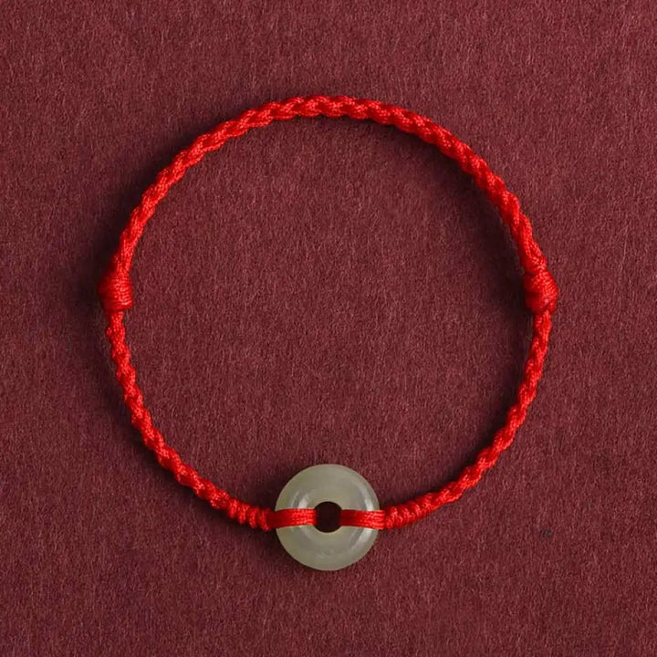 Buddha Stones Natural Hetian Jade Peace Buckle Protection Luck Braided Bracelet Anklet - BWOOOH - Red Rope