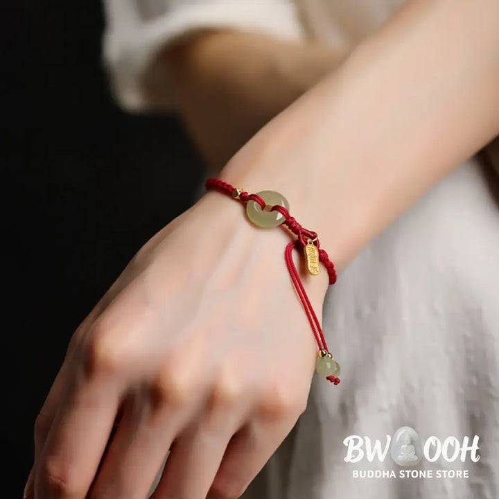 Buddha Stones Natural Hetian Jade Peace Buckle Red String Luck Braided Bracelet - BWOOOH - Hetian Jade Peace Buckle