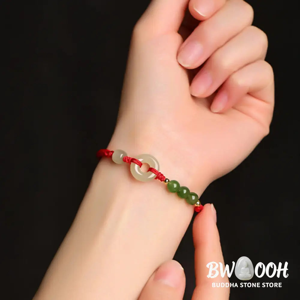 Buddha Stones Natural Hetian Jade Peace Buckle Red String Protection Luck Bracelet - BWOOOH - Bracelet