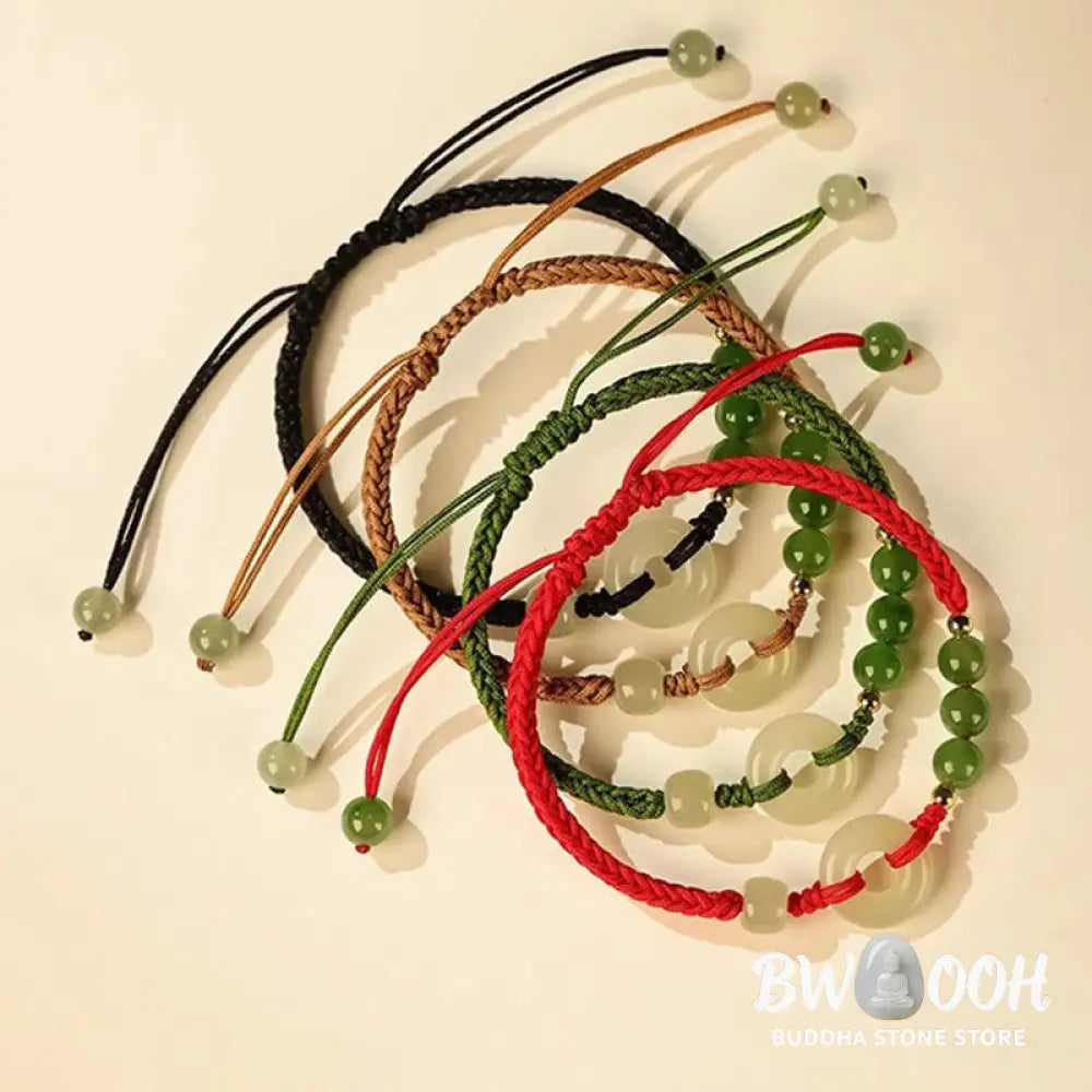 Buddha Stones Natural Hetian Jade Peace Buckle Red String Protection Luck Bracelet - BWOOOH - Bracelet