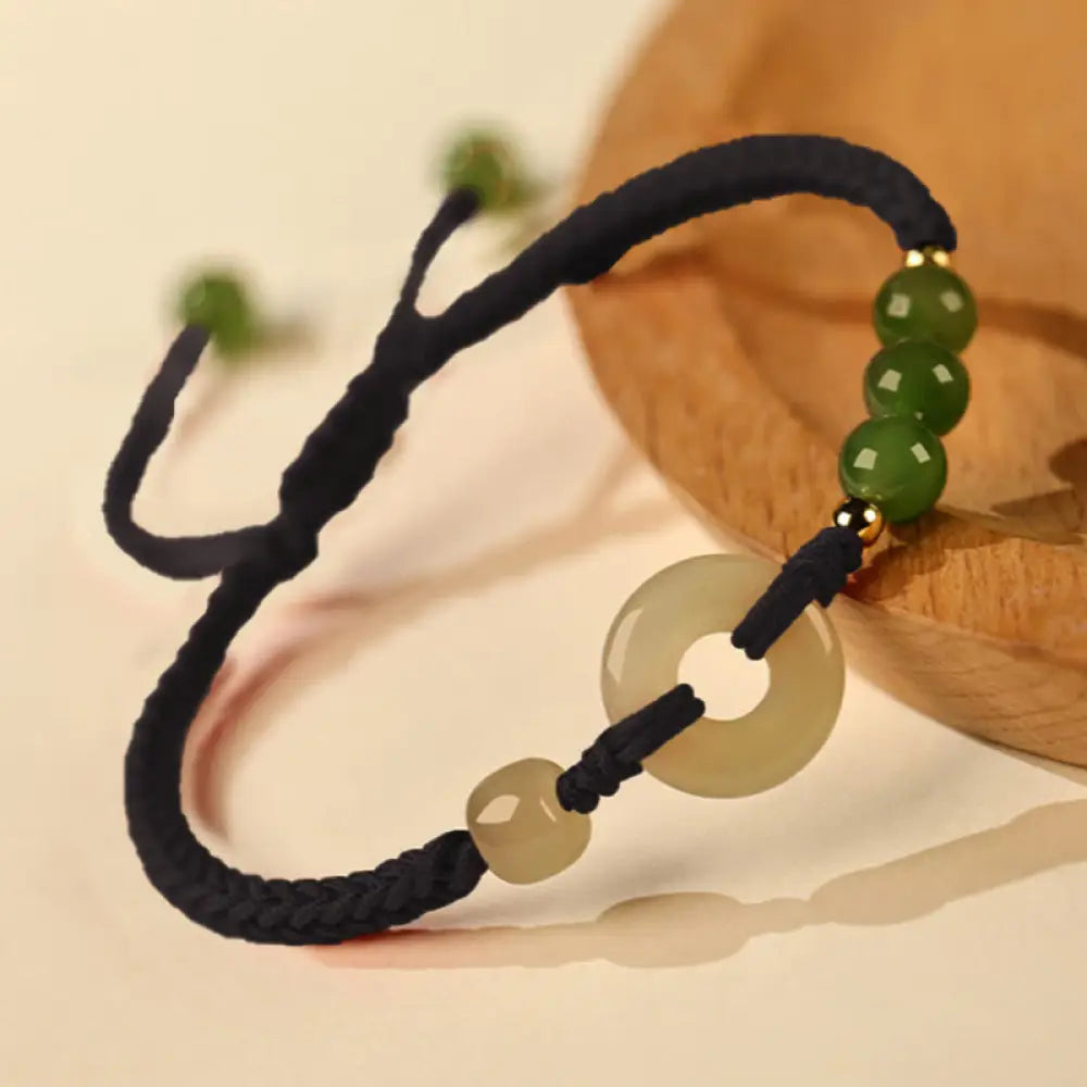 Buddha Stones Natural Hetian Jade Peace Buckle Red String Protection Luck Bracelet - BWOOOH - Black Rope(Wrist