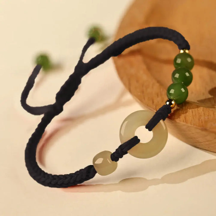Buddha Stones Natural Hetian Jade Peace Buckle Red String Protection Luck Bracelet - BWOOOH - Black Rope(Wrist