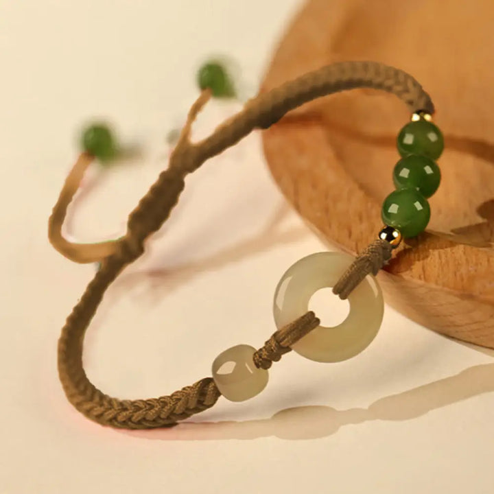 Buddha Stones Natural Hetian Jade Peace Buckle Red String Protection Luck Bracelet - BWOOOH - Brown Rope(Wrist