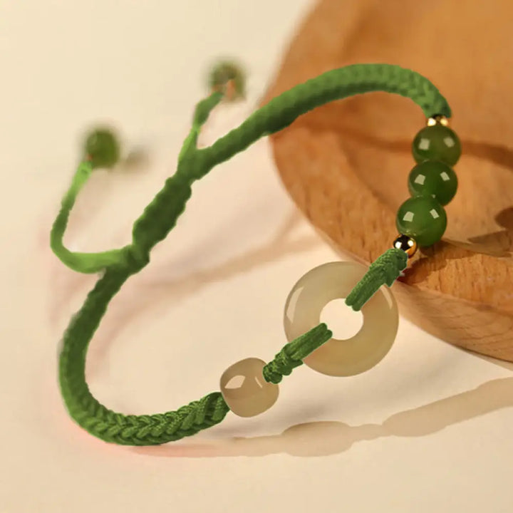Buddha Stones Natural Hetian Jade Peace Buckle Red String Protection Luck Bracelet - BWOOOH - Green Rope(Wrist