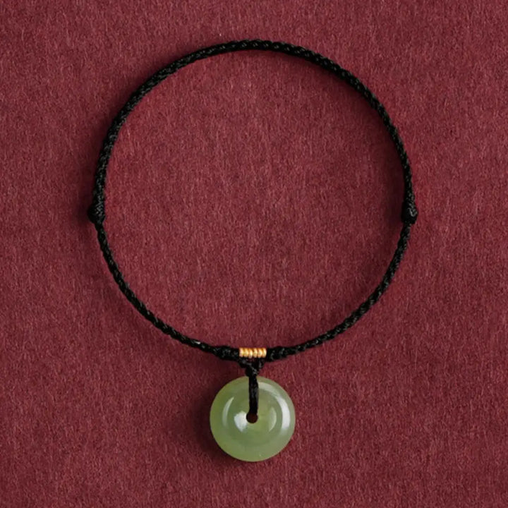 Buddha Stones Natural Hetian Jade Peace Buckle String Abundance Bracelet Anklet - Black Rope / Bracelet(Wrist