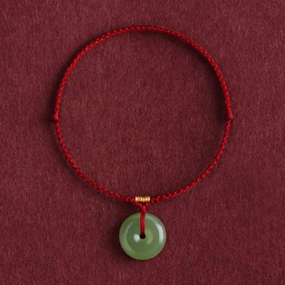 Buddha Stones Natural Hetian Jade Peace Buckle String Abundance Bracelet Anklet - Dark Red Rope / Bracelet(Wrist