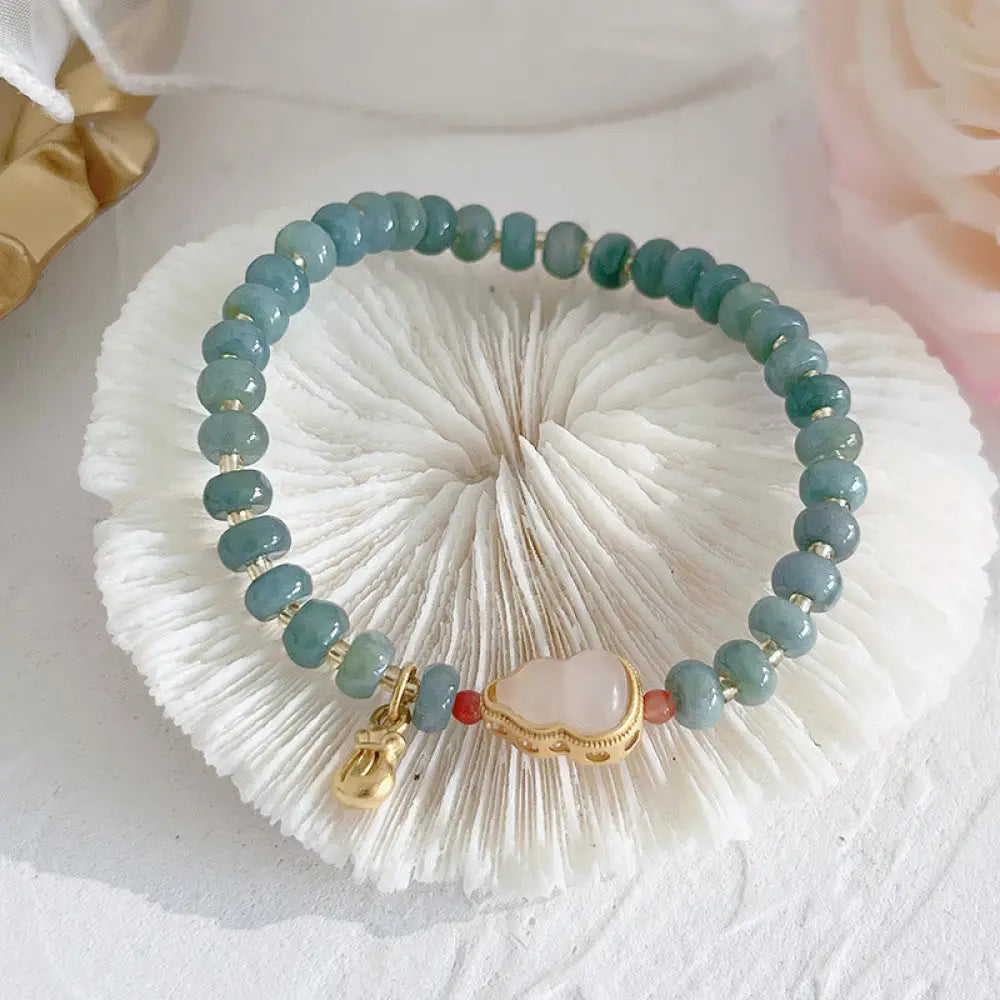 Buddha Stones Natural Hetian Jade Pearl Peace Buckle Fu Character Gourd Money Bag Strawberry Quartz PiXiu Luck Bracelet