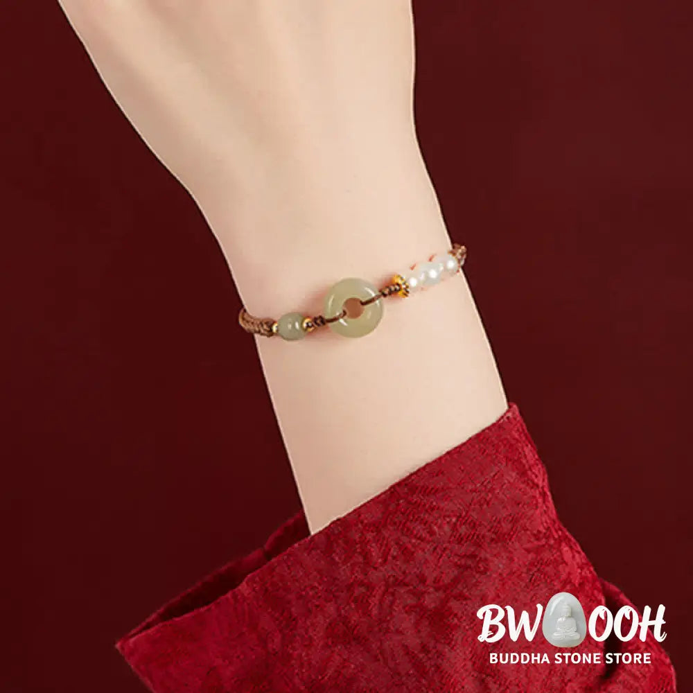 Buddha Stones Natural Hetian Jade Pearl Peace Buckle Luck Bracelet - BWOOOH - Bracelet