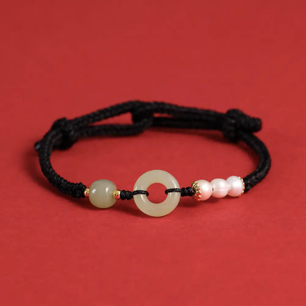Buddha Stones Natural Hetian Jade Pearl Peace Buckle Luck Bracelet - BWOOOH - Black - Bracelet