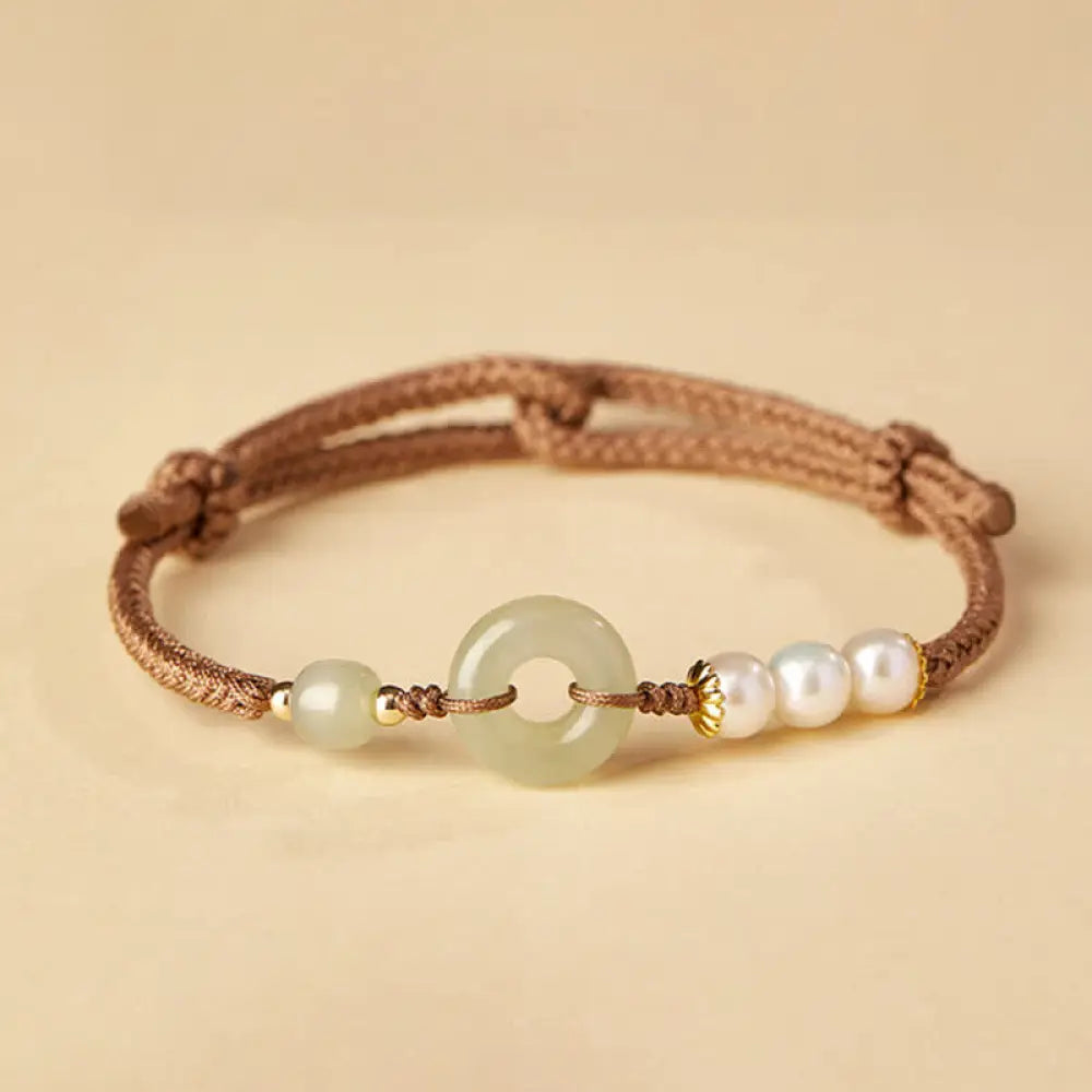 Buddha Stones Natural Hetian Jade Pearl Peace Buckle Luck Bracelet - BWOOOH - Brown - Bracelet
